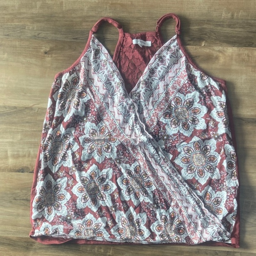 Maurices Red Floral Tank Top with Lace Detail